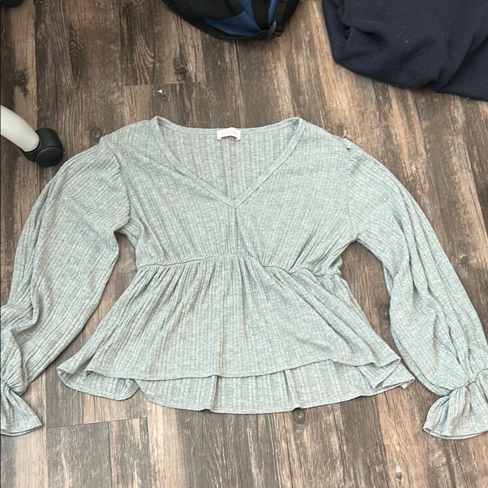 Pink Lily Gray Ribbed Peplum Blouse with Bell Sleeves